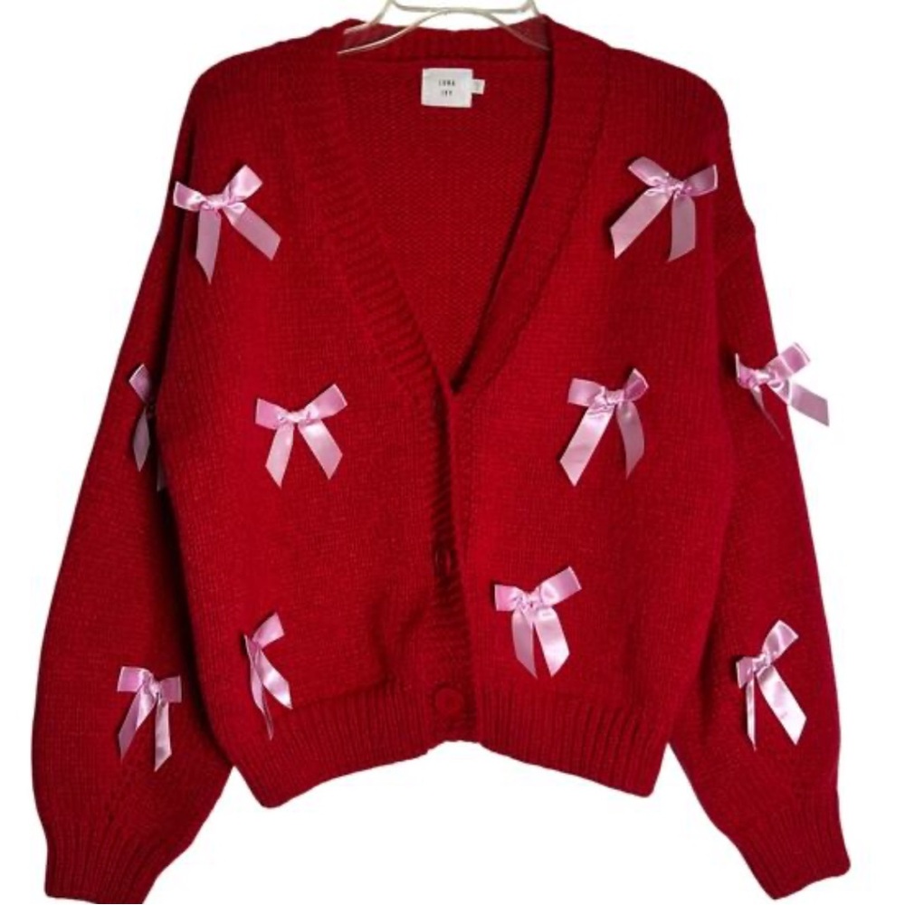NWT Luna Ivy Red Cardigan with Pink Bows in size medium
